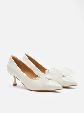 PAZZION, Kylie Tulle Bow Heels, Beige